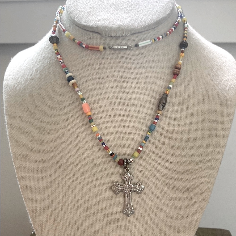 Vintage Spiritual Beaded Multicolor Cross Religious Pendant 28" Length